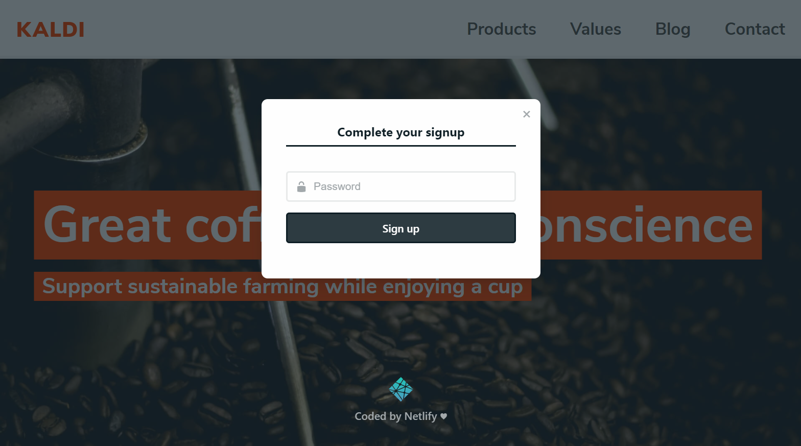 "Complete your signup" modal on the Kaldi coffee site